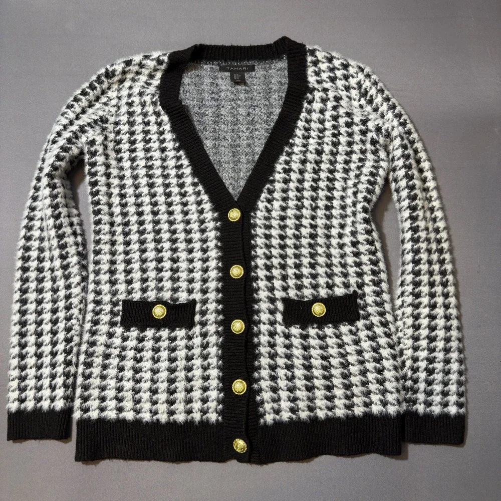Tahari Houndstooth Cardigan Black White Gold Button Cozy Fuzzy Knit Women‎ XS